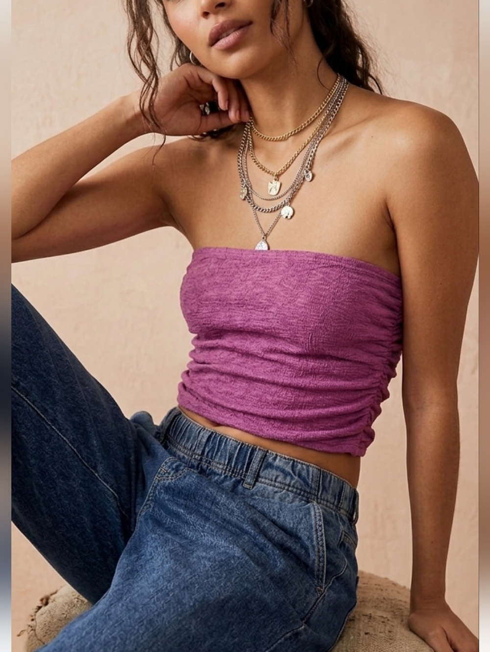 Free People Boulevard Tube Top XL Pink Ruched Strapless Bandeau
